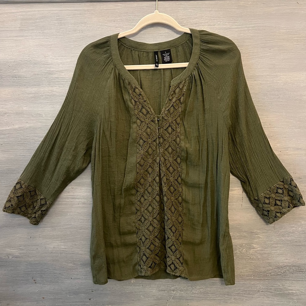 New Directions Khaki‎ Green Lace Front Muslin Tunic Blouse Large Good Condition